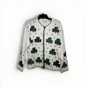 Design Options Cardigan Sweater Shamrock Beaded St. Patrick's Day Vtg Size M